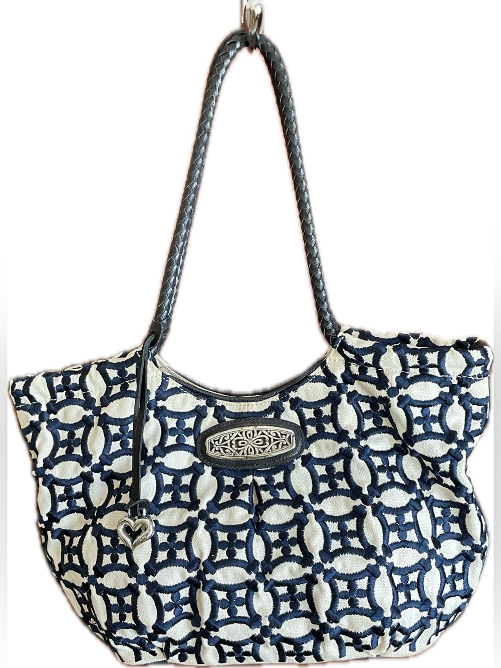 Brighton Woven Navy and Cream Fabric and Leather Tote Bag